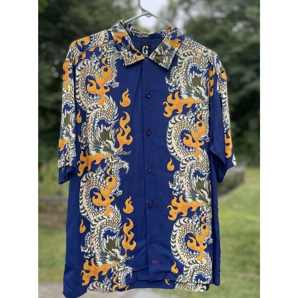 Guess Other - Vintage Guess Blue And Yellow Dragon Hawaiian Shirt, Rayon. Size Medium, Logo.